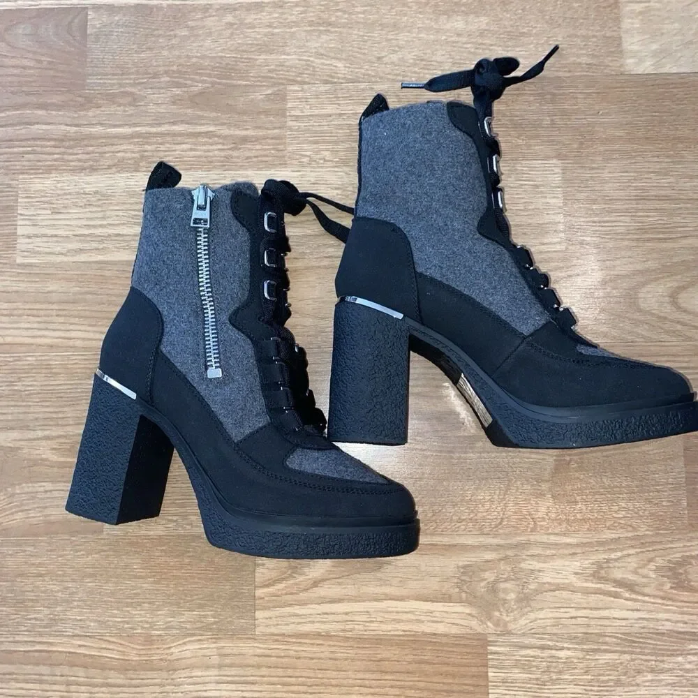 DKNY Womens Toia Lace-Up Zip Block heel platform Booties Grey Black Size 9.5 M